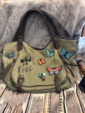 Desigual Olive Green Butterfly Embellished Shoulder Bag
